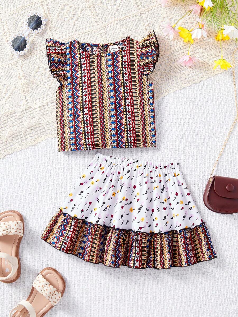 SHEIN Baby Girls Summer Cute Colorblock Ditsy Floral Top And Mini Skirt Set - Khaki - View 1