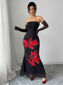 Elenzga Trägerloses figurbetont Fischschwanz-Saum französischer Stil Blumen elegantes Doppellagen Tüllkleid - Schwarz - Übersicht 6