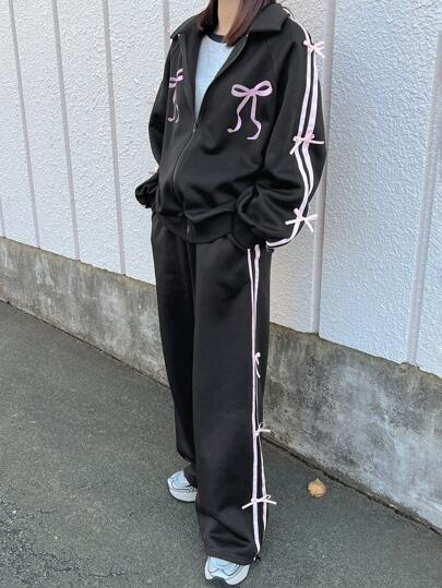 FRIFUL 1 Set Women's Grey Loose 2 Pieces Bowknot Sports Style Outfit, Spring