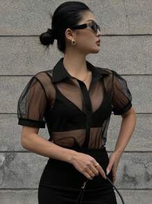 DAZY 女士简约透明网眼雪纺短袖衬衫，商务休闲