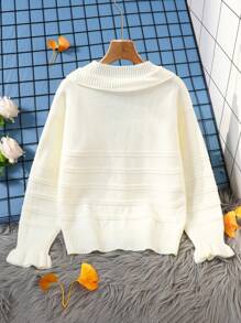 Girls Ruffle Trim Cardigan Sweater, Cute Bow Accent, Knitted, Autumn/Winter - White - View 2