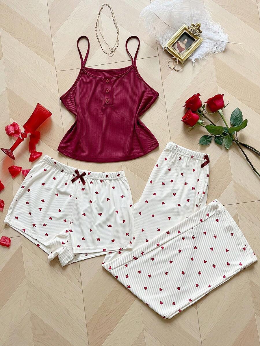 Set de pijama de 3 piezas con estampado de corazones para mujer, conjunto de ropa para el Día de San Valentín - Rojo - Ver 1