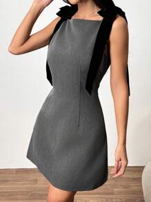 SHEIN EZwear Váy mini không tay màu trơn đơn giản cho nữ, đơn giản & thời trang cho cuộc sống hàng ngày - Màu xám đen - Xem 5