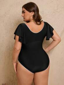 SHEIN Swim Curve 大码女式连体白色荷叶边泳衣，夏季海滩度假泳装 - 黑色 - 查看 2