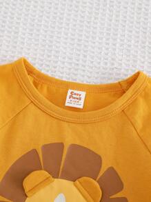 Cozy Pixies Set de 2 piezas de body de niño bebé con estampado de león de dibujos animados y top de punto de cuello redondo de manga corta, y pantalones cortos de cintura elástica