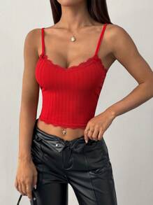 SHEIN Unity Áo hai dây viền ren đỏ mới, kiểu dáng ôm vừa vặn, áo ngày lễ tình nhân - Đỏ - Xem 1