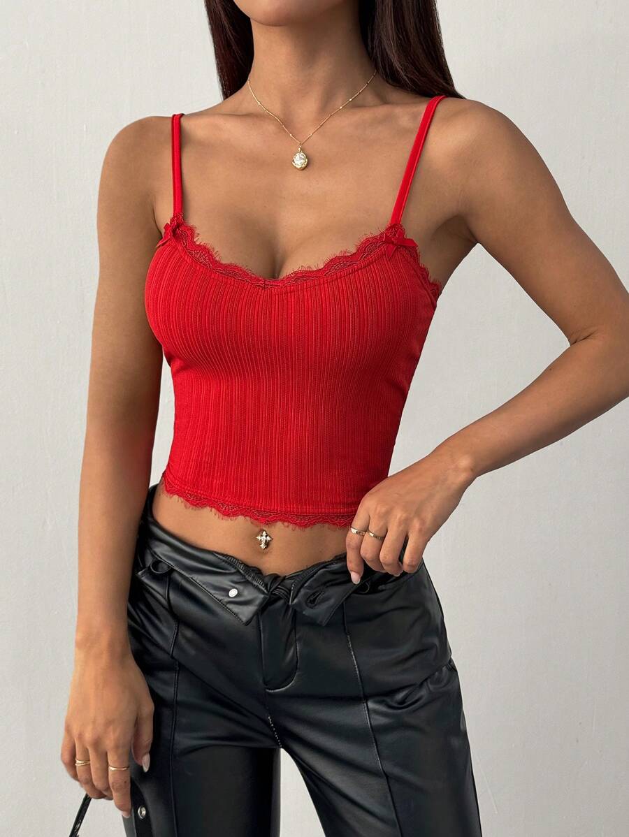 SHEIN Unity Áo hai dây viền ren đỏ mới, kiểu dáng ôm vừa vặn, áo ngày lễ tình nhân - Đỏ - Xem 1