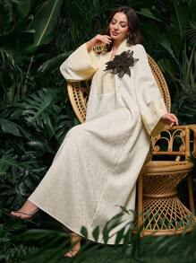 Al Najma Elegant Plain Color Handmade 3D Floral Turkish Long Dress, Kaftan & Jalabiya Fall Cloth For Women - Apricot - View 5