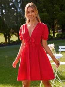 SHEIN VCAY Women's V-Neck Bowknot Decor A-Line Ruffle Hem Casual Vacation Valentine's Day Dress