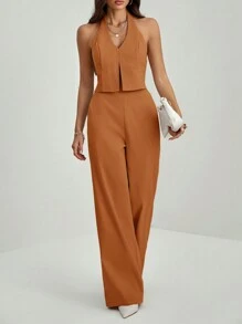 SHEIN Tall Áo thun hở lưng cổ chữ V không tay + quần ống rộng, bộ đồ bó và dài cho nữ công sở - màu nâu - Xem 3