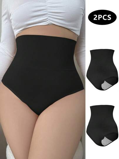 Plus Size Solid Color Minimalist High Waist Slimming Casual Shapewear Bottom ,2 Pcs