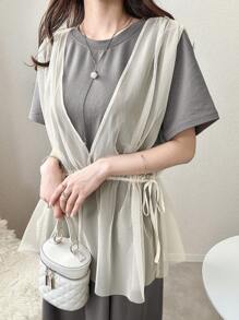 FRIFUL Women's Long Mesh Patchwork Dress Sundress - Grey - View 6