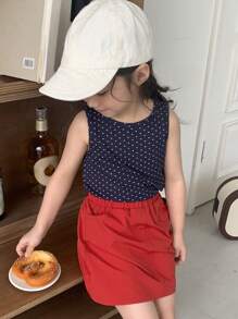 DAZY 2pcs/Set Young Girl Heart Print Vest Top & Mini Skirt - Navy Blue - View 1