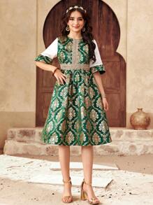 SHEIN Dark Green Glamorous Patchwork Gold Floral  Dress, Princess Style Dress For Teen Girls - Dark Green - View 5