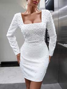 EURMUSE Women Pearl Detailed Long Sleeve Short Mini Dress - White - View 5