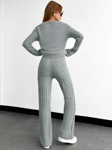 SHEIN PETITE Women Casual Minimalist Cable Knitted Sweater And Pants Set, Suitable For Autumn/Winter - Light Grey - View 2