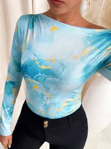 SHEIN Clasi Women's Elegant Asymmetrical Shoulder Draped Romantic Tie Dye Print Slim Fit Knit T-Shirt