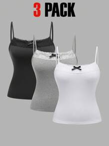 SHEIN Unity 女士优雅蕾丝拼接蝴蝶结装饰吊带背心 3 件套，秋冬 - 彩色 - 查看 1