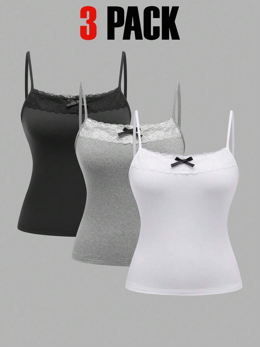 SHEIN Unity 女士优雅蕾丝拼接蝴蝶结装饰吊带背心 3 件套,秋冬 - 彩色 - 查看 1