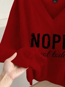 SHEIN LUNE 2pcs/Set Plus Size V-Neck Loose "NOPE" Letter Graphic Sweatshirt, Suitable For Autumn & Winter Autumn And Winter Fall - Multicolor - View 4