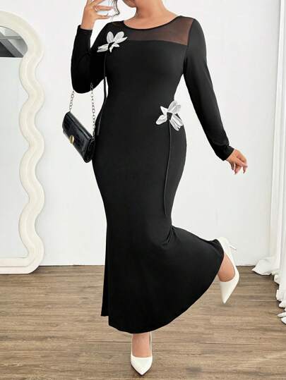 SHEIN Clasi Plus Size Bodycon Mesh Panel Midjepassform Blomdekor Fishtail Fållklänning, sexig & bantning Alla hjärtans dag