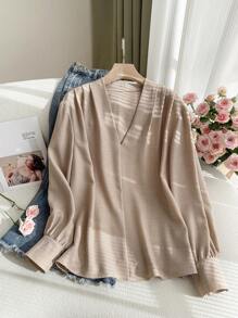 SHEIN Frenchy Plus Size Women Elegant Casual Solid Color Long Sleeve Blouse - Apricot - View 4