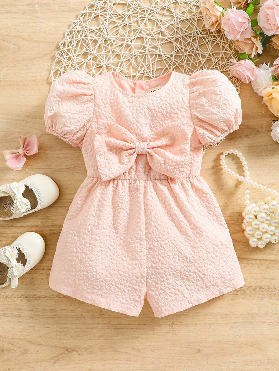 SHEIN Leap Crew 女婴可爱纹理粉色蝴蝶结装饰连体衣，夏季
