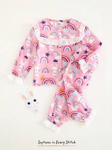SHEIN 2pcs Baby Girl Cartoon Rabbit Print Round Neck Ruffle Trim Long Sleeve Shirt And Elastic Waist Ankle Banded Pants Pajamas Set - Pink - View 1