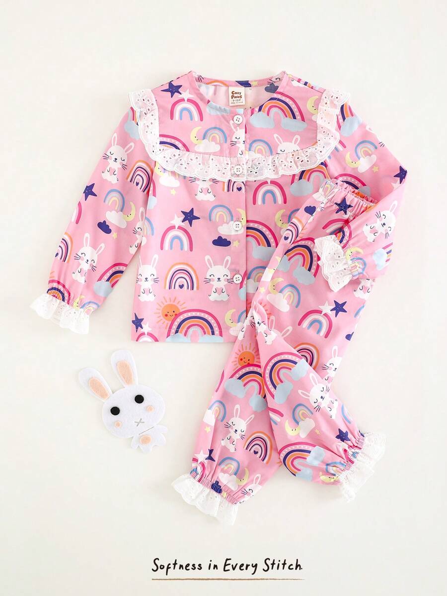 SHEIN 2pcs Baby Girl Cartoon Rabbit Print Round Neck Ruffle Trim Long Sleeve Shirt And Elastic Waist Ankle Banded Pants Pajamas Set - Pink - View 1