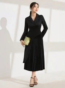 Modelyn Vestido de mujer con chaqueta de solapa, con pliegues, con cintura acampanada y cintura ceñida