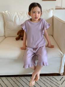 DAZY 年轻女孩简约时尚休闲日常上衣和裤子休闲套装，女孩夏季服装 - 紫色 - 查看 5