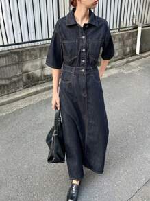 FRIFUL 女式短袖纽扣休闲牛仔衬衫裙太阳裙，返校服 - 藍色 - 查看 8