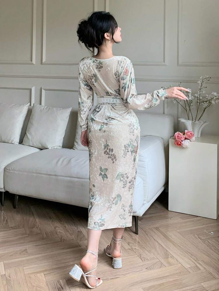 Deep V-Neck Floral Print Mid-Length Dress For Women Prom Dress,Fall Dress Long Sleeve Dress Elegant Women Dresses