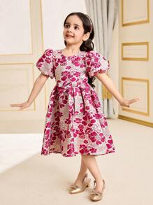 Vestido mini de cuello redondo con mangas abullonadas y estampado floral para niña joven
