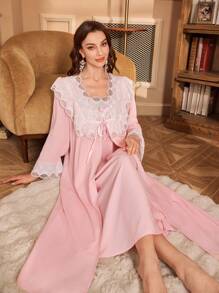 PalaceNights 2 Pieces Contrast Ruffle Hem Embroidery Floral Palace Style Women Pajamas Set