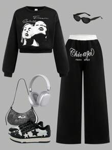 SHEIN 2 peças/conjunto adolescentes meninas moletom gráfico solto e calças de perna larga com bloqueio de cores terno casual