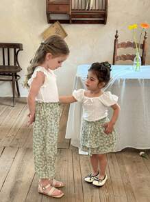 SHEIN LMoss Kids 女婴 LMoss 夏季可爱针织上衣和碎花迷你裙 2 件套 - 白色 - 查看 1