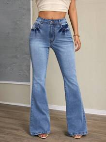 SHEIN SXY Casual Cute Printed Women's Flare Denim Jeans - Blue - View 2