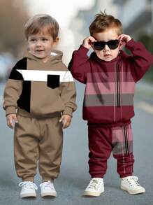 SHEIN 2pcs/Set Baby Boy Casual Minimalist Loose Knit Soft Hoodie Sweatshirt And Pants Set - White - View 1