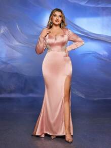 Glamrae Plus Size Elegant,Formal,Evening,Prom,Dusty Pink,Spring Minimalist Stretchy Pique Hollow Out Embellished High Slit Luxurious Wedding Guest Gown Dress - Dusty Pink - View 5