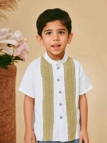 SHEIN Young Boy Stand Collar Wide Banded Solid Color Casual Shirt, Suitable For Any Occasion, Comfortable And Breathable, Skin-Friendly Soft Fabric, Versatile And Durable, Ideal For Summer - White - View 1