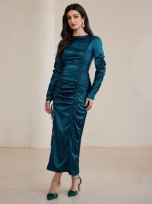 Graceveil Women's Elegant Modest Long Drawstring Waist Ruched Bodycon Dress - Dark Green - View 3