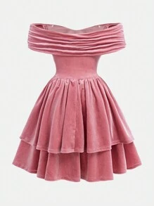 SHEIN Tween Girls Velvet Off Shoulder Ruched Spaghetti Strap Casual & Party Elegant Princess Dress - Pink - View 2