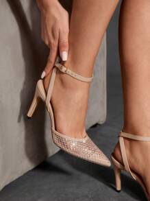 CUCCOO SZL 女士尖头高跟水钻透明带穆勒鞋，银色女士高跟鞋，适合夜间外出、街头时尚的坏女孩风格，适合约会、派对、夏季的性感装扮