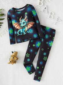 2pcs Young Boy Pajamas Snug Fit, Long Sleeve Top And Long Pants. Glow-In-The-Dark Unicorn Print, Soft And Comfortable Fabric, Simple Design Style For Easy Matching, Playful Design Makes Boys Stylish And Energetic At Home. Suitable For All Seasons (1 Set Sold Separately) - Black - View 6