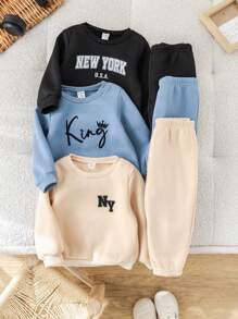 SHEIN Leap Crew 6 件套男婴和女婴休闲字母印花图案连帽衫运动衫 + 宽松裤，6 件套服装适合日常休闲、运动、秋冬 - 卡其色 - 查看 4