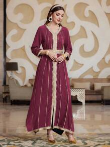 Layrah Women's Long Sleeve Arabic Traditional Decorated Dress Kaftan Jalabiya Dress - Rose Red - View 3
