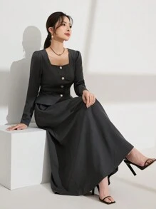 Modelyn 2件套 2025 春季新款奢华泡泡袖衬衫和中长裙套装，时尚修身 - 灰色 - 查看 1