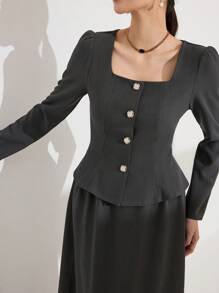 Modelyn 2件套 2025 春季新款奢华泡泡袖衬衫和中长裙套装，时尚修身 - 灰色 - 查看 3