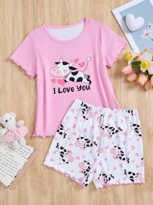 2 件套可爱奶牛和心形印花睡衣套装，适合女孩、母女搭配 - 彩色 - 查看 1